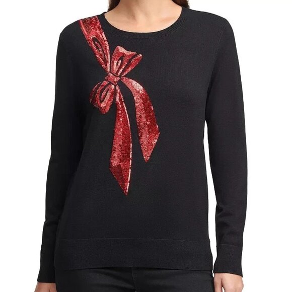 DKNY Very Soft Black Crewneck Sweater w/Red Sequin Bow Medium NEW - Picture 2 of 4